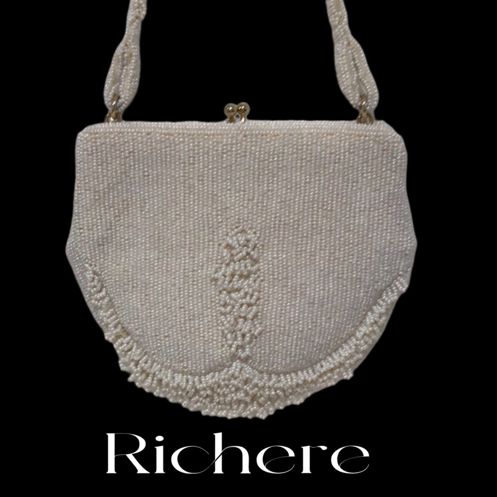RICHERE Vintage White Beaded Evening Bag Beaded Hand Strap Kiss Lock Clasp